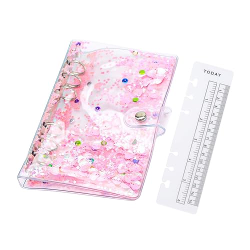 NatSumeBasics Quciksand A6-Ordner, niedlicher Budget-Ordner, Glitzer, PVC-Planer-Einband, 6 Ringe, Notizbuchhülle, Schutz mit Lineal für Organizer, Zubehör (Rosa, A6-Ordner) von NatSumeBasics