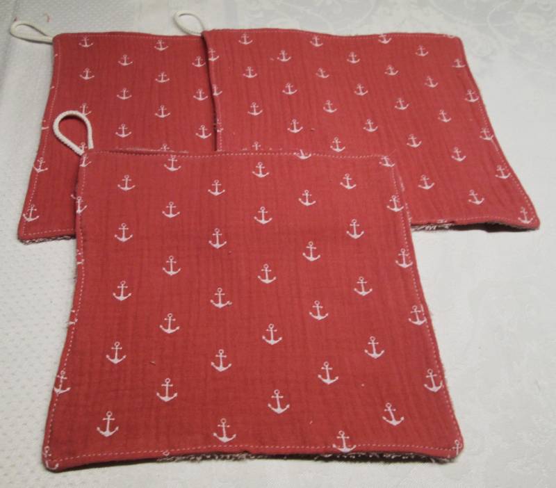 Kosmetiktuch, Abschminktuch, Make-Uptuch, Babytuch, Waschlappen, Musselin/Bambusfrottee, Rosa/Anker, Mit Aufhänger, 3-Er Set von NatiFarbenfroh