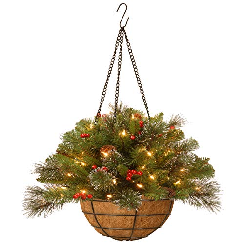 National Tree Company Künstlicher Hängekorb mit Weihnachtsmotiven, beflockt, mit gemischten Dekorationen und LED-Lichtern, Wappenholz-Fichte, 40,6 cm von National Tree Company