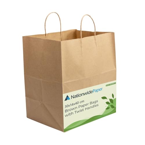 Nationwide Paper 200 extra große braune Papiertüten, Partytüten, Geschenktüten, Einkaufstaschen, Tragetaschen und Süßigkeitentüten mit starken gedrehten Griffen (30 x 14 x 40 cm) von Nationwide Paper