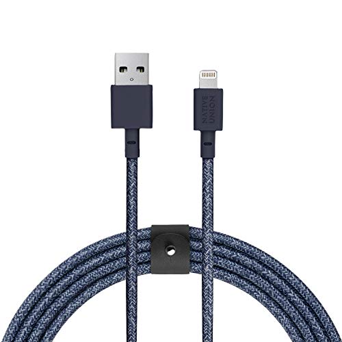 Native Union Belt Cable XL - 3 M Ultra-Starkes Umflochtenes [MFi-Zertifiziert] Lightning auf USB-A Daten- & Ladekabel mit Lederband, Kompatibel mit iPhone 14, iPhone 13, iPhone 12 und früher (Indigo) von Native Union