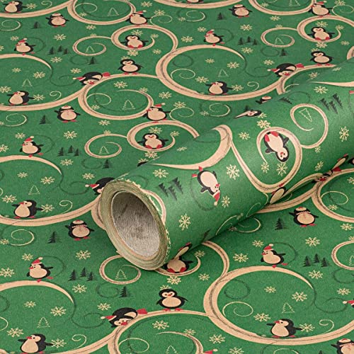 Geschenkpapier Pinguine, Grün, Weihnachtspapier, Kraftpapier 0,70 x 10 m von Natürlich verpacken