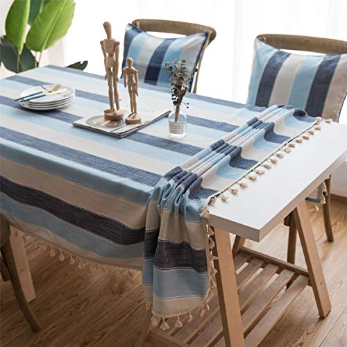 Naturer Rechteck Tischdecke 100x140 cm Dekoration Elegante Streifen Baumwoll-Leinen Tischdecke mit Quaste Rand Staubdicht Waschbar Küchentisch Abdeckung für Esstisch (Blau) von Naturer