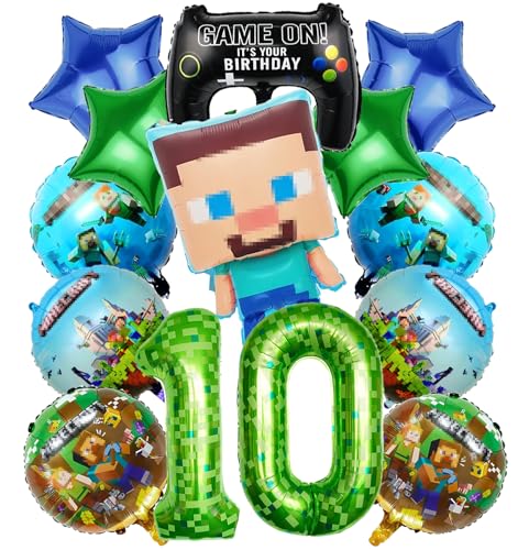 10. Geburtstag Dekoration Set - 13-tlg. Pixel Ballon Party Pack für Jungen | Minecraft Gamer Geburtstagsbeutel, Luftballons & Deko für Kinderfest | Geschenkbeutel für 10 Jahre Jubiläum (10) von Natures Freefit