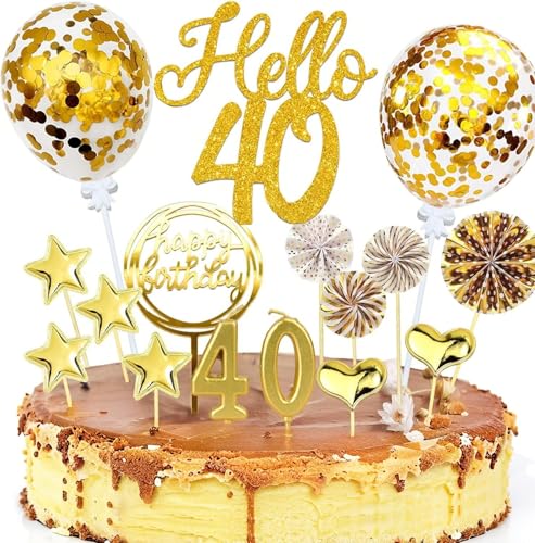"20-teiliges Deko-Set für 40. Geburtstag – Goldene Tortenaufleger mit 'Happy 40th Birthday' – Glitzer-Dekoration für Kuchen inkl. Kerzen, Konfetti, Luftballons & Fächern – Für Frauen & Männer (Gold)" von Natures Freefit