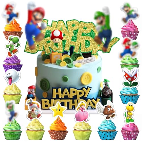25 Pieces Cake Cake Decoration Children's Birthday - Cake Decoration Set with Cake Topper and Cupcake Decoration for Theme Parties (Children's Motifs, Colourful, Reusable) von Natures Freefit