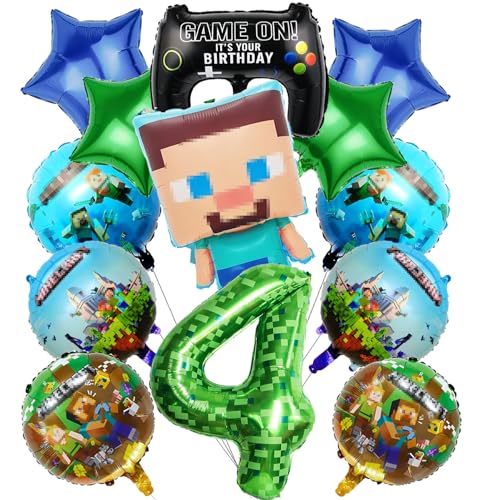 4th Birthday Decoration Set - 13-Piece Pixel Balloon Party Pack for Boys | Minecraft Gamer Birthday Bag, Balloons & Decoration for Children's Party | Gift Bag for 4 Year Anniversary (4) von Natures Freefit