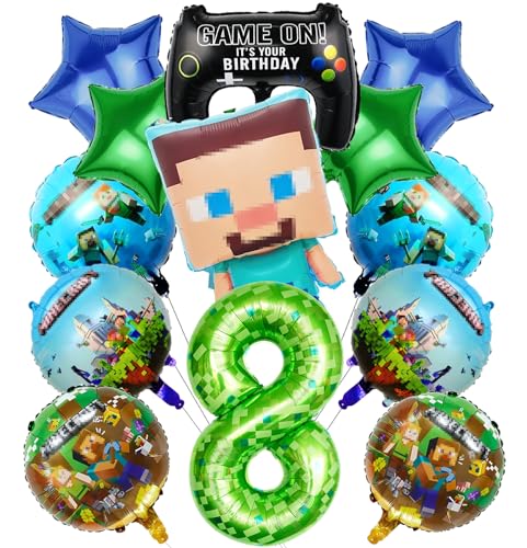 8 Geburtstag Dekoration Set - 13-tlg. Pixel Ballon Party Pack für Jungen | Minecraft Gamer Geburtstagsbeutel, Luftballons & Deko für Kinderfest | Geschenkbeutel für 8 Jahre Jubiläum (8) von Natures Freefit