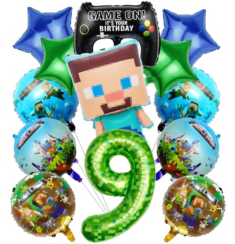 9 Geburtstag Dekoration Set - 13-tlg. Pixel Ballon Party Pack für Jungen | Minecraft Gamer Geburtstagsbeutel, Luftballons & Deko für Kinderfest | Geschenkbeutel für 9 Jahre Jubiläum (9) von Natures Freefit