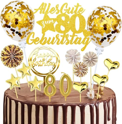 Tortendeko 80. Geburtstag - 20x Gold Cake Topper 'Alles Gute' mit Glitzer, Kerzen, Konfetti & Fächer - Festdeko für Damen/Herren (Gold 80th) von Natures Freefit