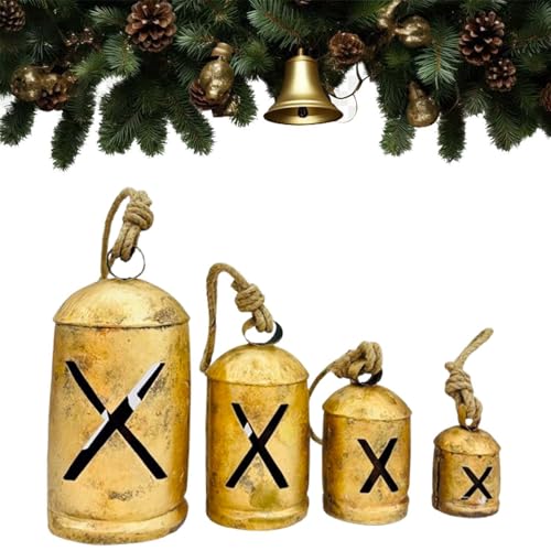 Rustikaler Stil, 4 Glöckchen, handgefertigt, Metall, Harmonie, Weihnachten, hängende Kuhglocken an Juteseil (Kreuzschnitt, 4 Stück (5 x 4 x 3,50 x 2,50) )) von Nautical Replica Hub