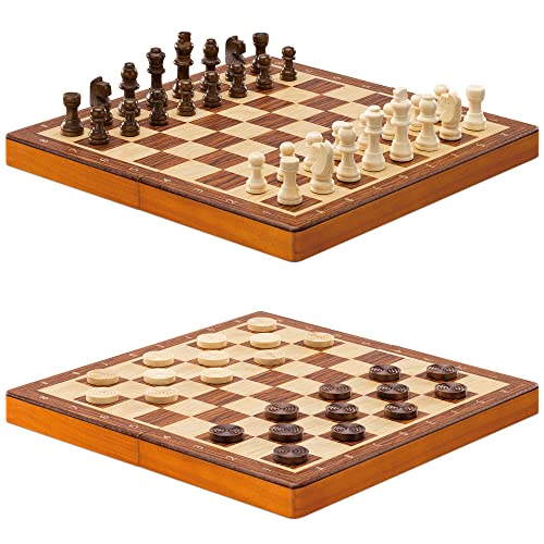 Navaris 2in1 Schach und Damespiel - Schachbrett klappbar mit Magnetverschluss - Reise Chess Set für Drinnen und Draußen - 56 Spiel Figuren aus Holz von Navaris