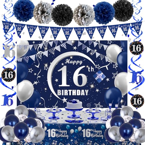 Dekoration zum 16. Geburtstag für Jungen und Mädchen, Banner zum 16. Geburtstag, Blau und Silber, Happy 16 Bday Dekorationen, Banner, Tischdecke, Dreiecksflagge, 16 Jahre altes Geburtstagsgeschenk Dekoration zum 16. Geburtstag für Jungen und Mädchen, Banner zum 16. Geburtstag, Blau und Silber, Happy 16 Bday Dekorationen, Banner, Tischdecke, Dreiecksflagge, 16 Jahre altes Geburtstagsgeschenk von Navdrivl