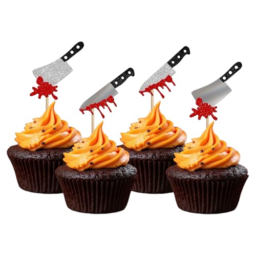 Navorise Halloween-Cupcake-Aufsätze, Silber und Glitzer, Horror-Blutmesser, Lebensmittel-Picker, für Geburtstagskuchen, Dekorationen für Halloween, Geburtstagsparty, 24 Stück von Navorise
