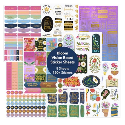 Navy Peony Bloom & Grow Vision Board-Aufkleber (340 Aufkleber, 8 Blatt) – inspirierende Aufkleber mit Goldfolie für Planer, Tagebuch, Vision Board-Party von Navy Peony