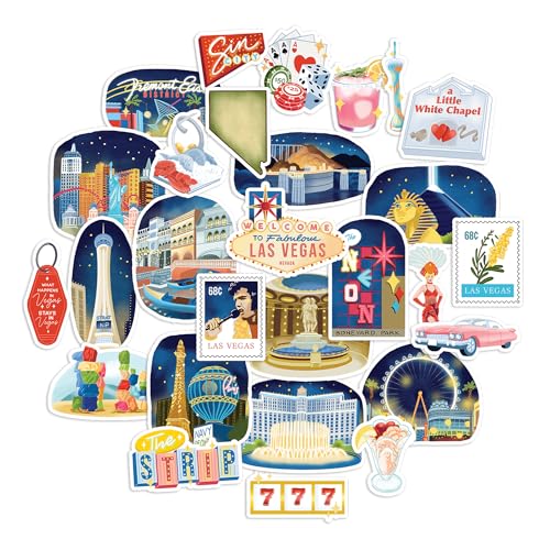Navy Peony Glitzernde Las Vegas Reiseaufkleber (28 Stück) - Gouache-Stil, wasserdicht, Amerika-Themenaufkleber für Sammelalben, Journale, Koffer von Navy Peony