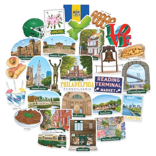 Navy Peony Künstlerische Philadelphia-Reiseaufkleber (28 Stück) – Gouache-Stil, Philly, Amerika-Thema, Sticker für Scrapbooks, Journals und Laptops von Navy Peony