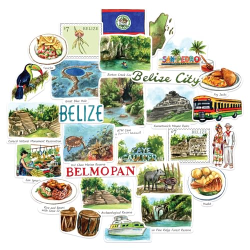 Navy Peony Luftige Belize Reise-Sticker (28 Stück) – Aquarell, Karibik, Belmopan, Belize-inspirierte Aufkleber für Journale, Scrapbooks, Gepäck von Navy Peony