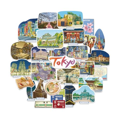 Navy Peony Metropolitane Tokio-Reiseaufkleber (28 Stück) – Handillustrierte, Japan Nacht-Themen Urlaubssticker für Tagebücher, Scrapbooks und Gepäck von Navy Peony