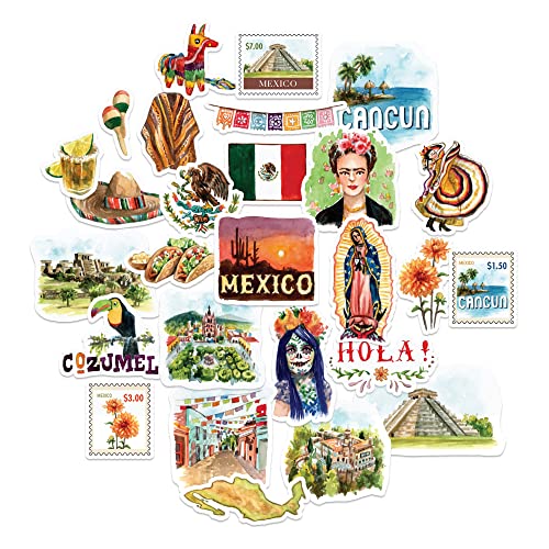 NAVY PEONY Zauberhafte Mexiko Reiseaufkleber (27 Stück) - Aquarell, wasserfest, landestypisches Motiv | Lebhafte Fiesta-Aufkleber für Tagebücher, Scrapbooks, Wasserflaschen, Souvenirs von Navy Peony
