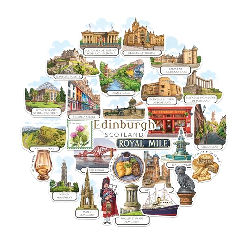 Navy Peony Verzauberte Edinburgh-Reiseaufkleber (28 Stück) – Handillustriert, Gouache-Stil, Schottisches Stadtmotiv für Scrapbooks, Journale und Laptops von Navy Peony