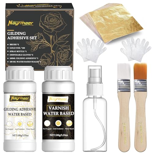 Blattgold Kleber Set, 100 ml Blattgold Kleber und 100 ml Schutzlack auf Wasserbasis, Blattgold 100 Stück, Pinsel, Sprühflasche, Malen, Professionellen Bastelgebrauch, Dekoration（Gilding Adhesive Set) von Nayrmaer