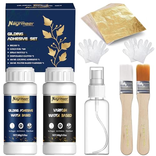 Blattgold Kleber Set für Handwerk, Inklusive Vergoldungskleber und Wasserbasierter Schutzlack, Blattgold 100 Stück, Pinsel und Sprühflasche Vielseitig für Dekoration und Restaurierung (Gold Leaf Kit) Blattgold Kleber Set für Handwerk, Inklusive Vergoldungskleber und Wasserbasierter Schutzlack, Blattgold 100 Stück, Pinsel und Sprühflasche Vielseitig für Dekoration und Restaurierung (Gold Leaf Kit) von Nayrmaer
