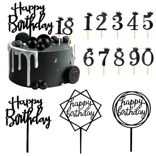 Nayyana®13-teiliges Tortenaufsatz-Set mit schwarzen Kugeln, Acryl-Kuchenaufsatz, schwarze Zahlen 0–9, Kronen-Kuchenaufsatz, Kucheneinsatz, Aufsätze für Geburtstagskuchen (schwarz) von Nayyana