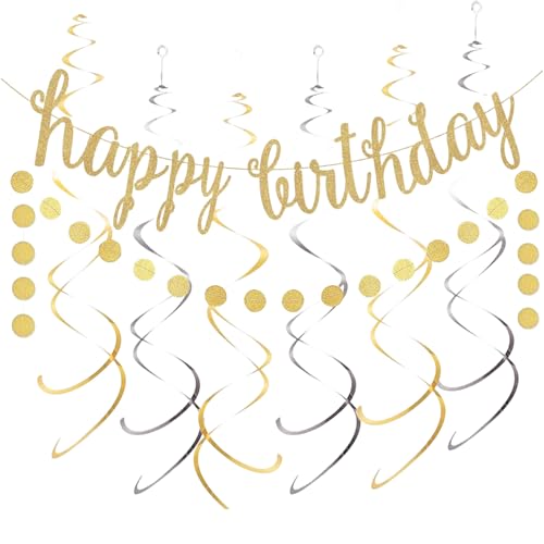 Nayyana 8 Stück Happy Birthday-Banner-Dekorationsset, goldene glitzernde Geburtstagsbanner-Kreis-Punkte-Girlande mit gold-silbernen hängenden Wirbeln für Party-Dekorationszubehör Nayyana 8 Stück Happy Birthday-Banner-Dekorationsset, goldene glitzernde Geburtstagsbanner-Kreis-Punkte-Girlande mit gold-silbernen hängenden Wirbeln für Party-Dekorationszubehör von Nayyana