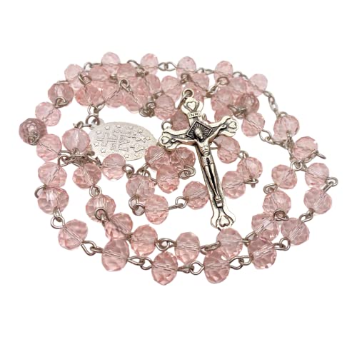 Nazareth Store Elegante Rosenkranzkette mit rosa Perlen aus Glasperlen, Wundermedaille und Kreuz-Kruzifix von Nazareth Store