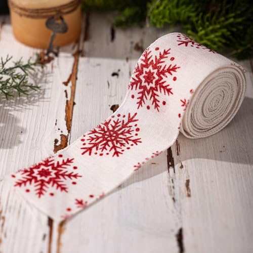 Festliches Weihnachtsband mit Drahtleinenstoff für Baumdekoration und DIY-Verpackungsprojekte, geeignet für mehrere Feiertagsanwendungen im Innen- und Außenbereich (Schneeflocken-Stile) von NbgrvB