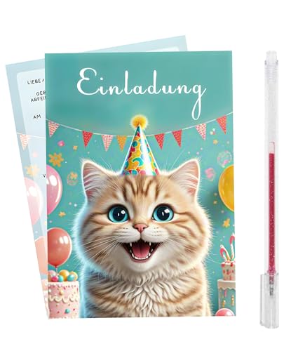 Nearockle Katze Einladungskarten Kindergeburtstag Mädchen Junge 12 Stück mit Rosa Blitzstift，Einladungskarten Geburtstag Geburtstagseinladungen Für Kinder und Jugendliche von Nearockle