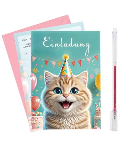 Nearockle Katze Einladungskarten Kindergeburtstag Mädchen Junge 12 Stück mit Rosa Blitzstift und Umschlägen，Einladungskarten Geburtstag Geburtstagseinladungen Für Kinder und Jugendliche von Nearockle