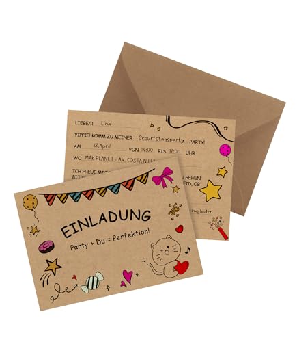 Nearockle Einladungskarten Kindergeburtstag Mädchen Junge 12 Stück mit Umschlägen，DIY Einladungskarten Geburtstag Kraftpapier Geburtstagseinladungen Für Kinder und Jugendliche（Stift Nicht Enthalten） von Nearockle