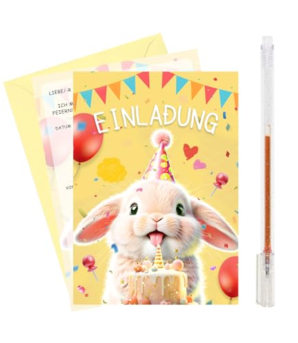 Nearockle Kaninchen Einladungskarten Kindergeburtstag Mädchen Junge 12 Stück mit Rosa Blitzstift und Umschlägen，Einladungskarten Geburtstag Geburtstagseinladungen Für Kinder und Jugendliche von Nearockle