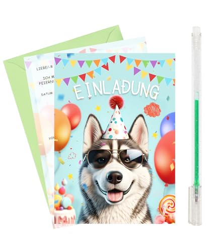 Nearockle Welpe Einladungskarten Kindergeburtstag Mädchen Junge 12 Stück mit Rosa Blitzstift und Umschlägen，Einladungskarten Geburtstag Geburtstagseinladungen Für Kinder und Jugendliche von Nearockle