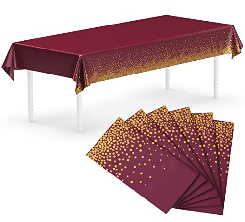 Neatiffy 137 cm x 274 cm 6er-Pack rechteckige Tischdecken aus Kunststoff für Picknick-/Camping-/Party-/Bankett-Tischdecken. Einweg-/Mehrwegtischdecken Burgunderrot mit Goldenen Punkten von Neatiffy