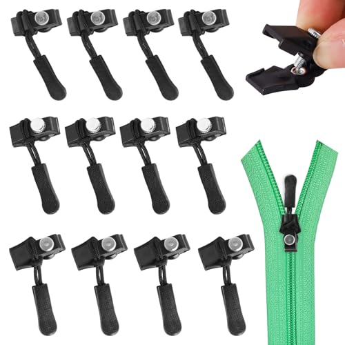Reißverschluss Zipper Reparatur, 12 Stück Universell Fix-Reißverschlusszieher, Reißverschlussschieber Ersatz, Reißverschluss Anhänger für Jacke, Rucksack, Gepäck, Schlafsack(Schwarz) von Necdeol
