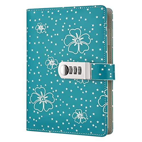 NectaRoy PU Leder Zahlenschloss Tagebuch Schreiben Notebook Planer Organizer, Blumen und Sterne Muster Passwort Tagebuch Notizblock mit Stift halter, Größe 210x145mm von NectaRoy