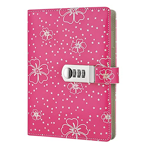 NectaRoy PU Leder Zahlenschloss Tagebuch Schreiben Notebook Planer Organizer, Blumen und Sterne Muster Passwort Tagebuch Notizblock mit Stift halter, Größe 210x145mm von NectaRoy