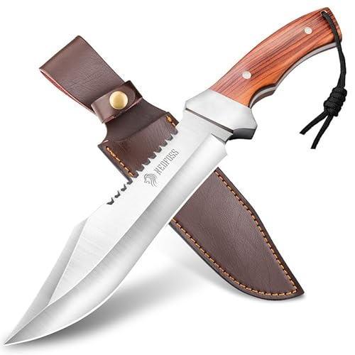 NedFoss JUNGLE-KING Jagdmesser, 33cm Messer Outdoor feststehend mit Holzgriff, Full Tang Bowiemesser mit Holster, Großes Survival messer, Rambo messer, Fahrtenmesser von NedFoss