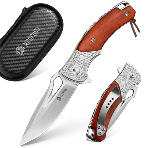 NedFoss HERON Klappmesser, 7cm 14C28N Sthal Einhandmesser mit Holzgriff, Scharfes Taschenmesser mit Liner Lock & Kugellager, Outdoor Messer mit Glip, Survival Messer in Geschenk-Box für Sammlung von NedFoss