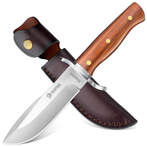 NedFoss HUNTER Jagdmesser, 11.4CM D2 Stahl Fahrtenmesser 42a konform mit Edler Holzgriff, Scharfe Outdoor Messer mit Holster, 62HRC Bowiemesser in Geschenk-Box für Bushcraft, Angeln, Sammlung von NedFoss