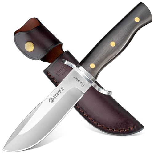 NedFoss HUNTER Jagdmesser, 11.4CM D2 Stahl Fahrtenmesser 42a konform mit Edler Holzgriff, Scharfe Outdoor Messer mit Holster, Bowiemesser in Geschenk-Box für Bushcraft, Angeln, Sammlung, Camping von NedFoss