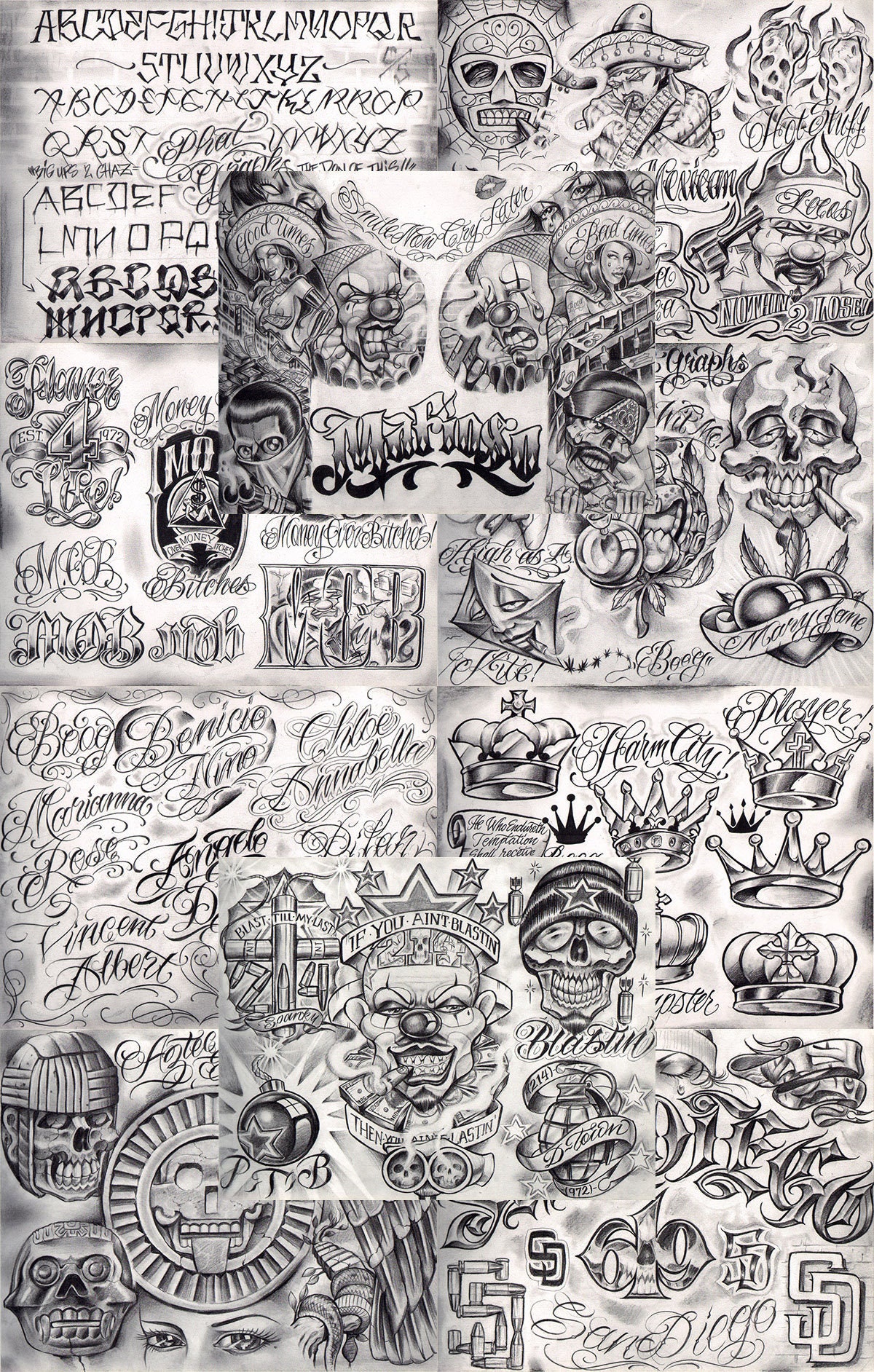 Boog From The Streets With Love Gangsta Style Tattoo Flash 10 Blatt Set 11x14" F, Tolles Shop Investment Für Display, Lowrider Kunstwerk Boog From The Streets With Love Gangsta Style Tattoo Flash 10 Blatt Set 11x14" F, Tolles Shop Investment Für Display, Lowrider Kunstwerk von NeedfulThingsByMatt
