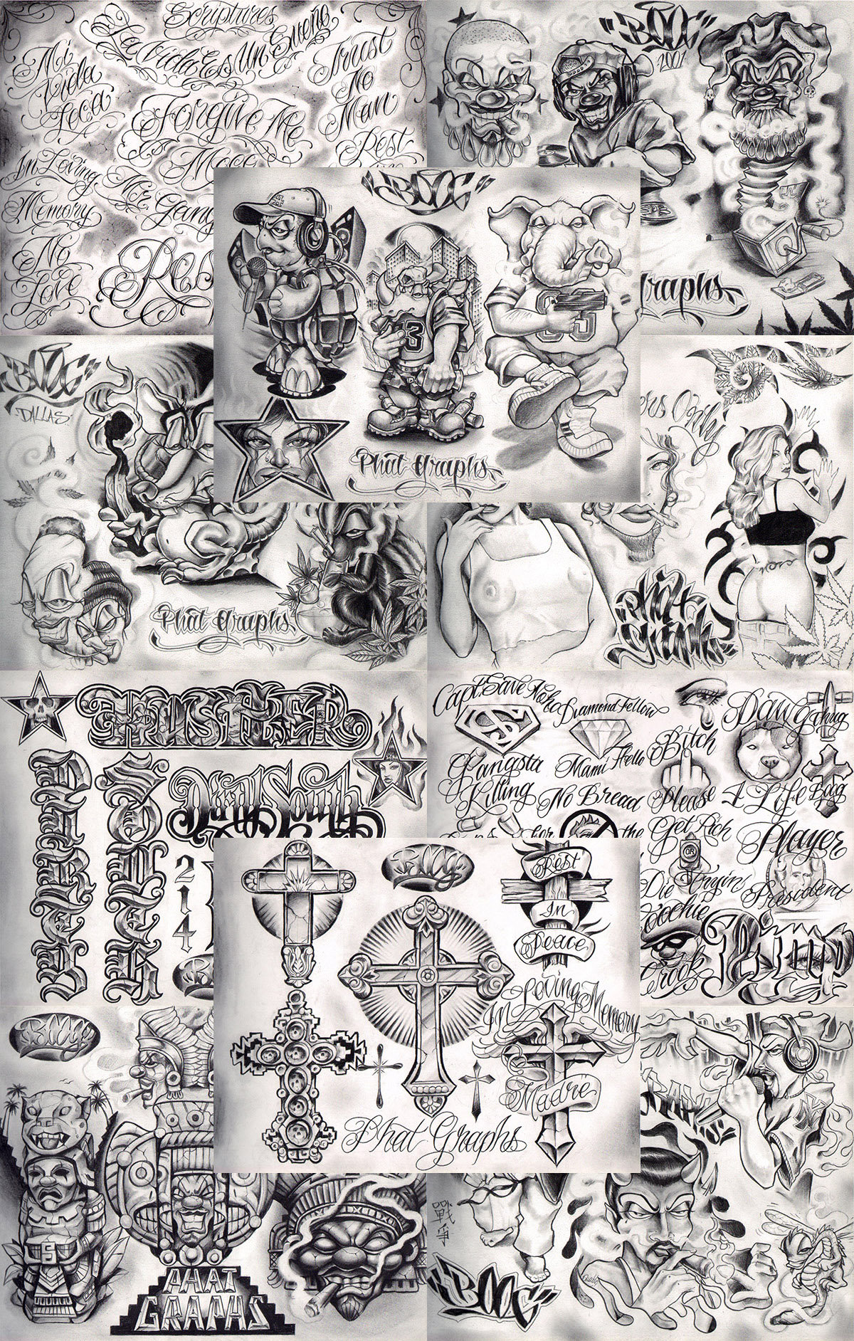 Boog From The Streets With Love Gangsta Style Tattoo Flash 10 Blatt Set 11x14" M, Tolles Shop Investment Für Display, Lowrider Kunstwerk Boog From The Streets With Love Gangsta Style Tattoo Flash 10 Blatt Set 11x14" M, Tolles Shop Investment Für Display, Lowrider Kunstwerk von NeedfulThingsByMatt