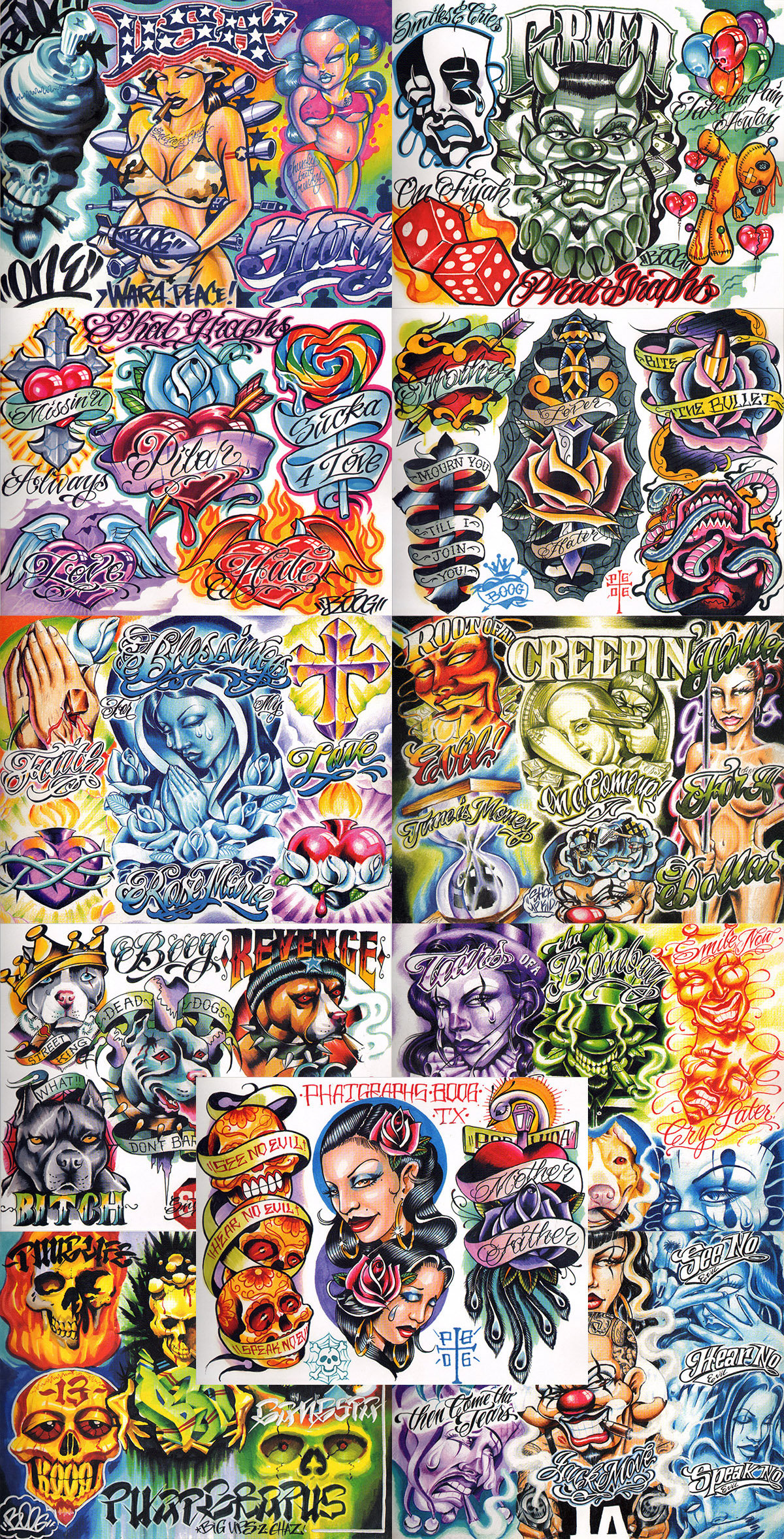 Boog From The Streets With Love Gangsta Style Tattoo Flash 11 Sheet Set 11x14" H, Tolles Shop Investment Für Display, Lowrider Art von NeedfulThingsByMatt