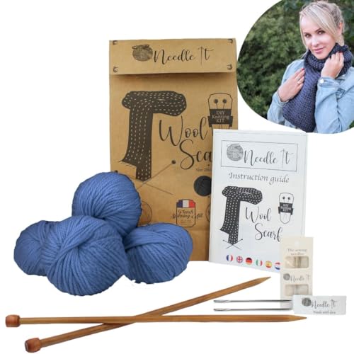 Needle It® - Komplettes Strickset für Anfänger mit Stricknadeln - Strickschal aus Wolle - Geschenkidee (Blau) von Needle It