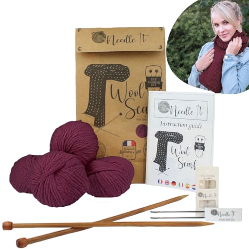 Needle It® - Komplettes Strickset für Anfänger mit Stricknadeln - Strickschal aus Wolle - Geschenkidee (Burgunderrot) von Needle It