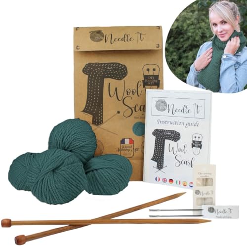 Needle It® - Komplettes Strickset für Anfänger mit Stricknadeln - Strickschal aus Wolle - Geschenkidee (Dunkelgrün) von Needle It